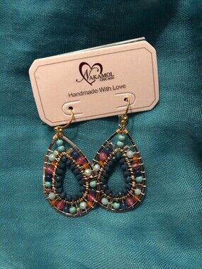 Nakamol Handmade Two-Toned  Dangle Teardrop Earrings Multicolor Beads NEW